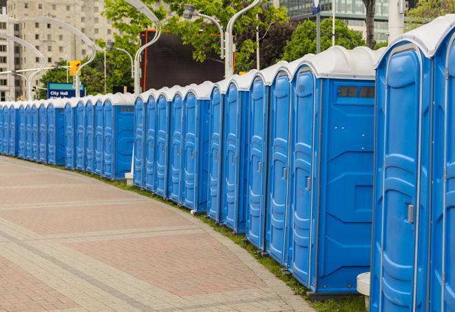 hygienic portable restrooms lined up at a music festival, providing comfort and convenience for attendees in Downers Grove, IL